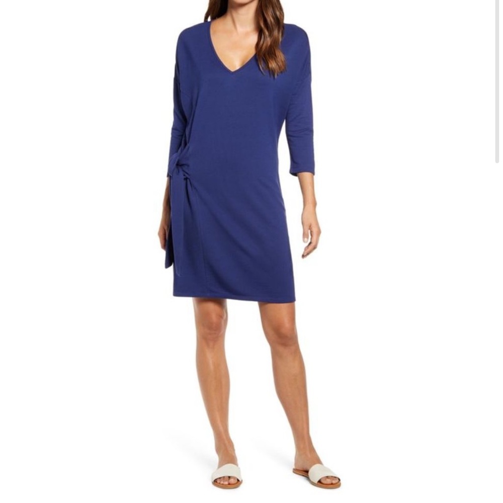 TOMMY BAHAMA Womens Navy Cotton Tie French Terry 3/4 Sleeve Shift Dress L